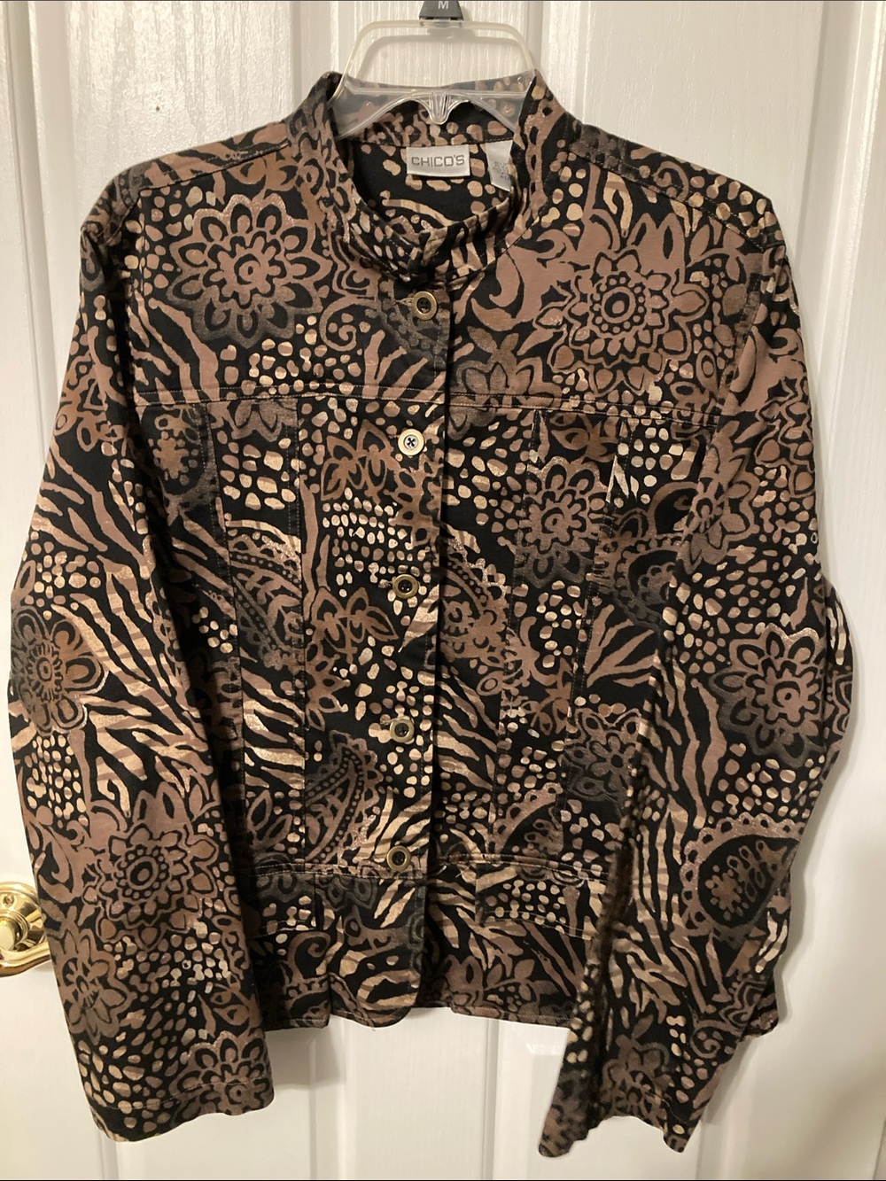50% offf 3+ item bundle, Chico's Black and Brown Printed Stand-Collar Jacket